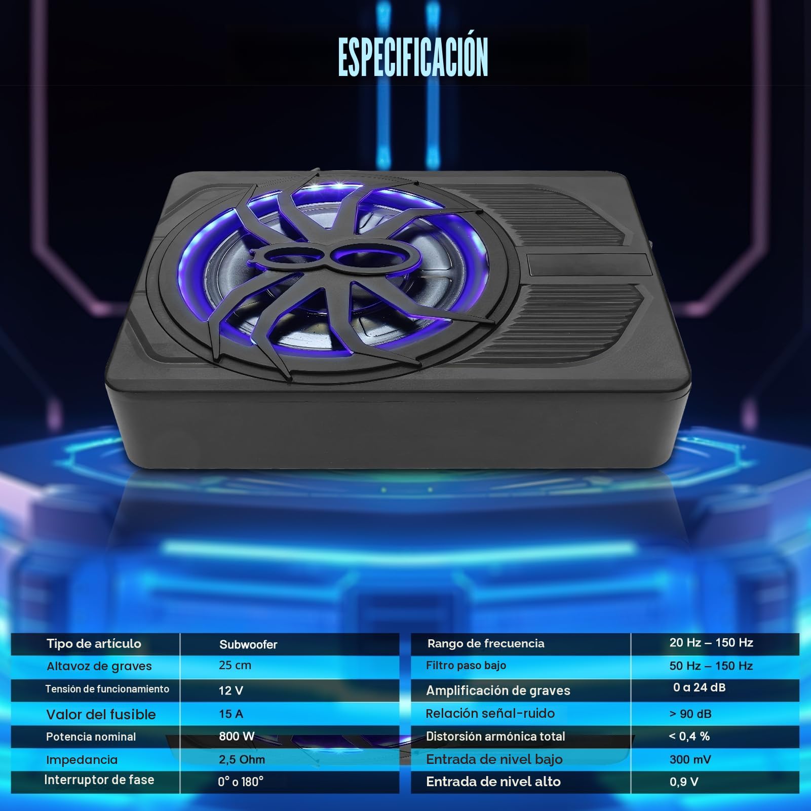 Subwoofer activo ultradelgado de 10 pulgadas 800W para automóvil/camión con amplificador, graves potentes, frecuencia 20Hz-150Hz, controlador de graves incluido, con funciones de protección