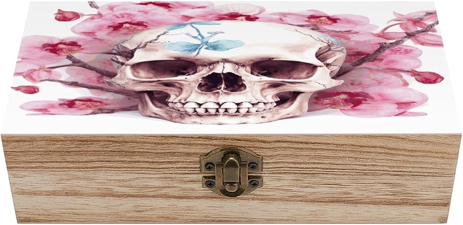 Human Skull Pink Flowers Wooden Storage Box Vintage Jewelry Box