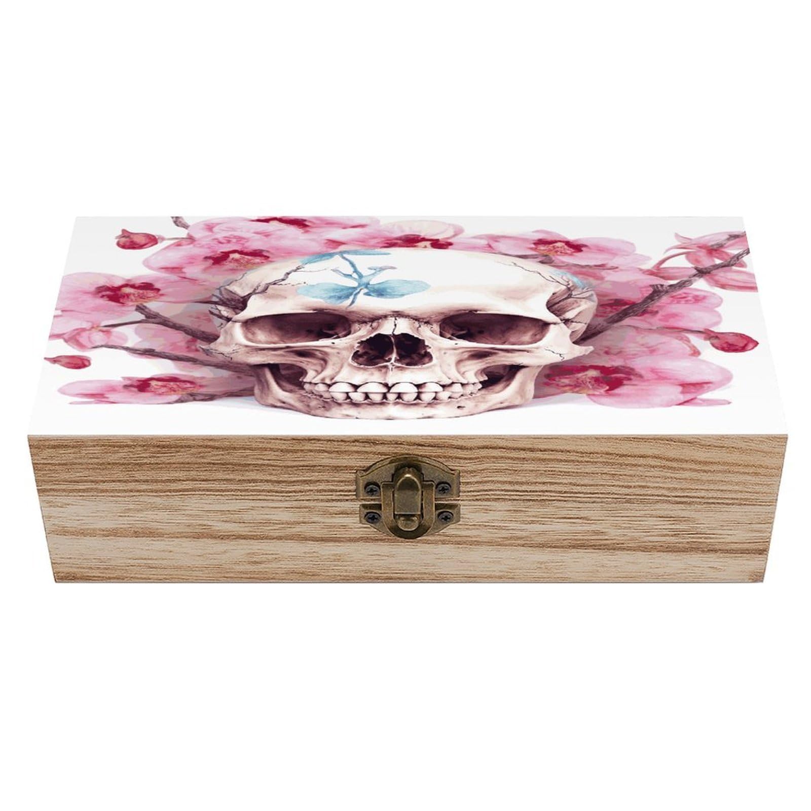 Btcowzrv Style Human Skull Pink Flowers Wooden Storage Box, Keepsake Box With Hinged And Retro Lock, Wood Jewelry Organizer For Photos & Mementos And Home Decor