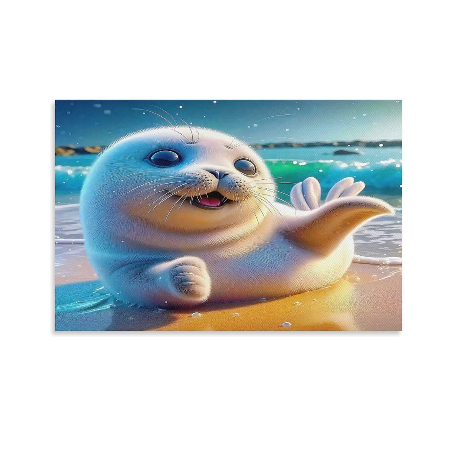 CPLVKWRQJ Seal Individual Cute Baby Seal Waving on Sunny Beach Framed Canvas Art - Living Room Focal Point Fade Resistant Gallery Wall Decor 20x30inch(50x75cm)