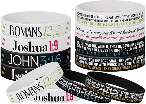 BQL Paquete de 12 pulseras inspiradoras de la Biblia cristiana, Juan 316, Romanos 122, Josué 19, Isaías 4031, pulseras inspiradoras de silicona,