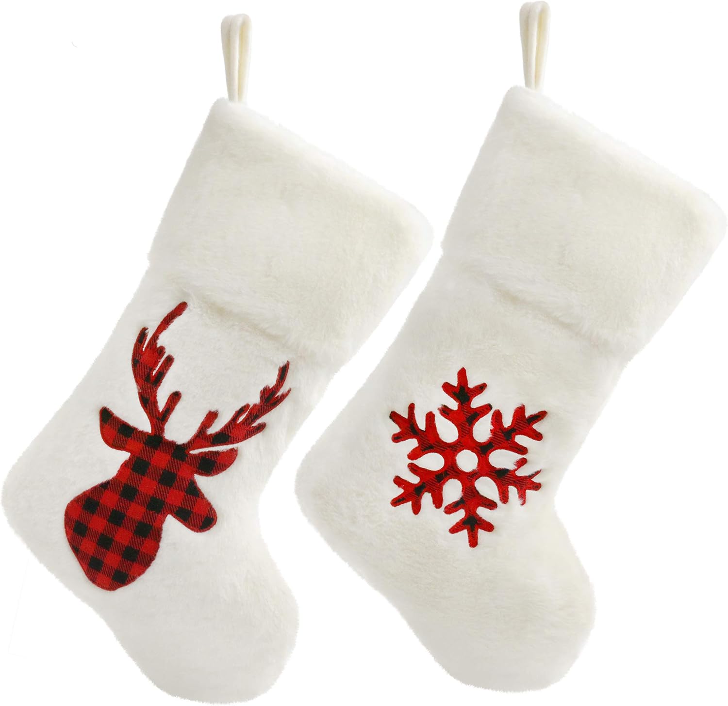 Houwsbaby 2 Pcs Christmas Stockings Set Plush Holders with Tartan Reindeer Snowflake Soft Fuzzy Socks Kit Holiday Ornament Party Decoration Gift Bags for Family, White,18''