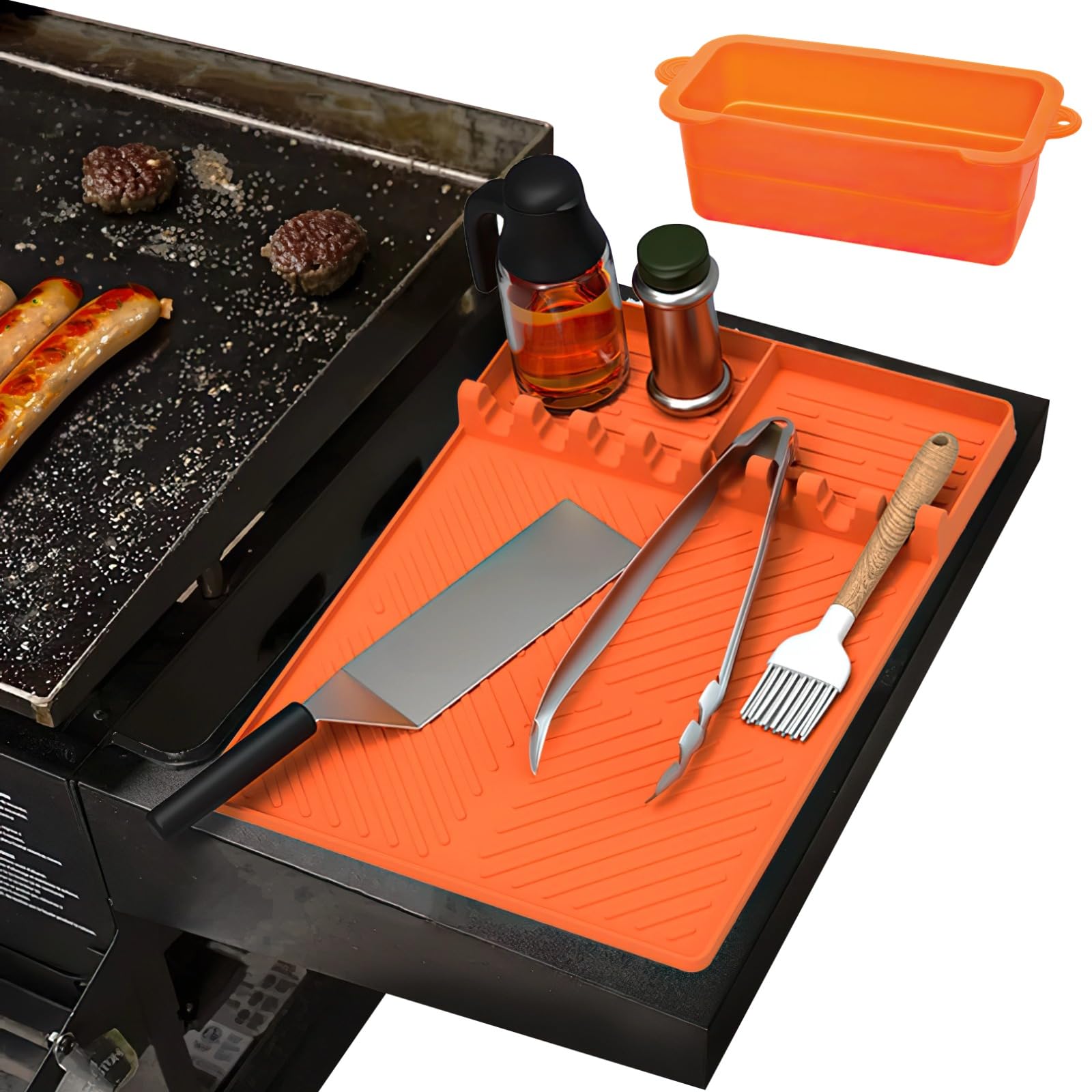 Silicone Grill Mat with Grease Cup, Compatible with Blackstone, Heat-resistant Spatula Silicone Mat with Drip Pad, Silicone Griddle Tools for Outdoor Grill, Kitchen Counter