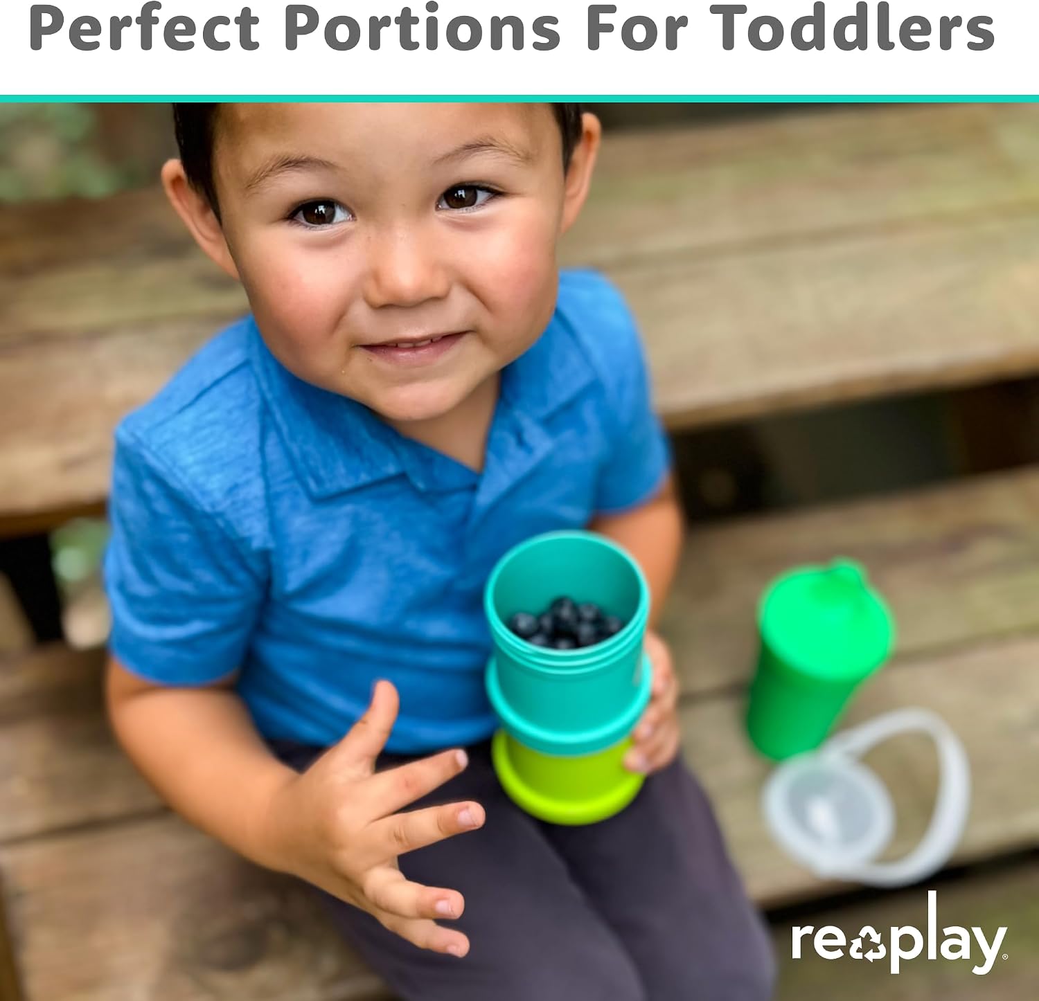 Re-Play Snack Stack Toddler Containers, 2 Sets - Stackable Cups with Travel Lid & Strap for On-the-Go, BPA-Free, Made in USA, Aqua/Sky