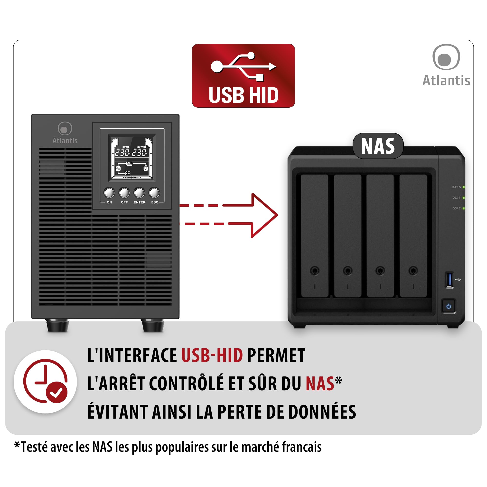 Atlantis A03-OP2002P Pro Onduleur (UPS) Online Double Conversion et Pure sinusoïde avec Une Puissance de 2000VA 1800W, Tour, écran LCD, USB, RS-232 série, 4 Sorties IEC, Slot SNMP, 4x12V-9Ah