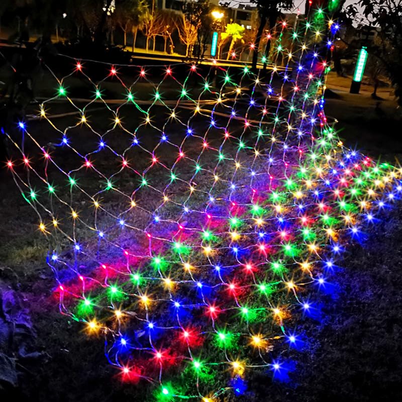 YOU GLOW GIRL Solar Outdoor Net Light,1.5m x 1.5m 100 LEDs Mesh Fairy Lights with 8 Modes,Auto On/Off Net Lights for Bushes Shrubs Lawn Decoration (Polychrome)