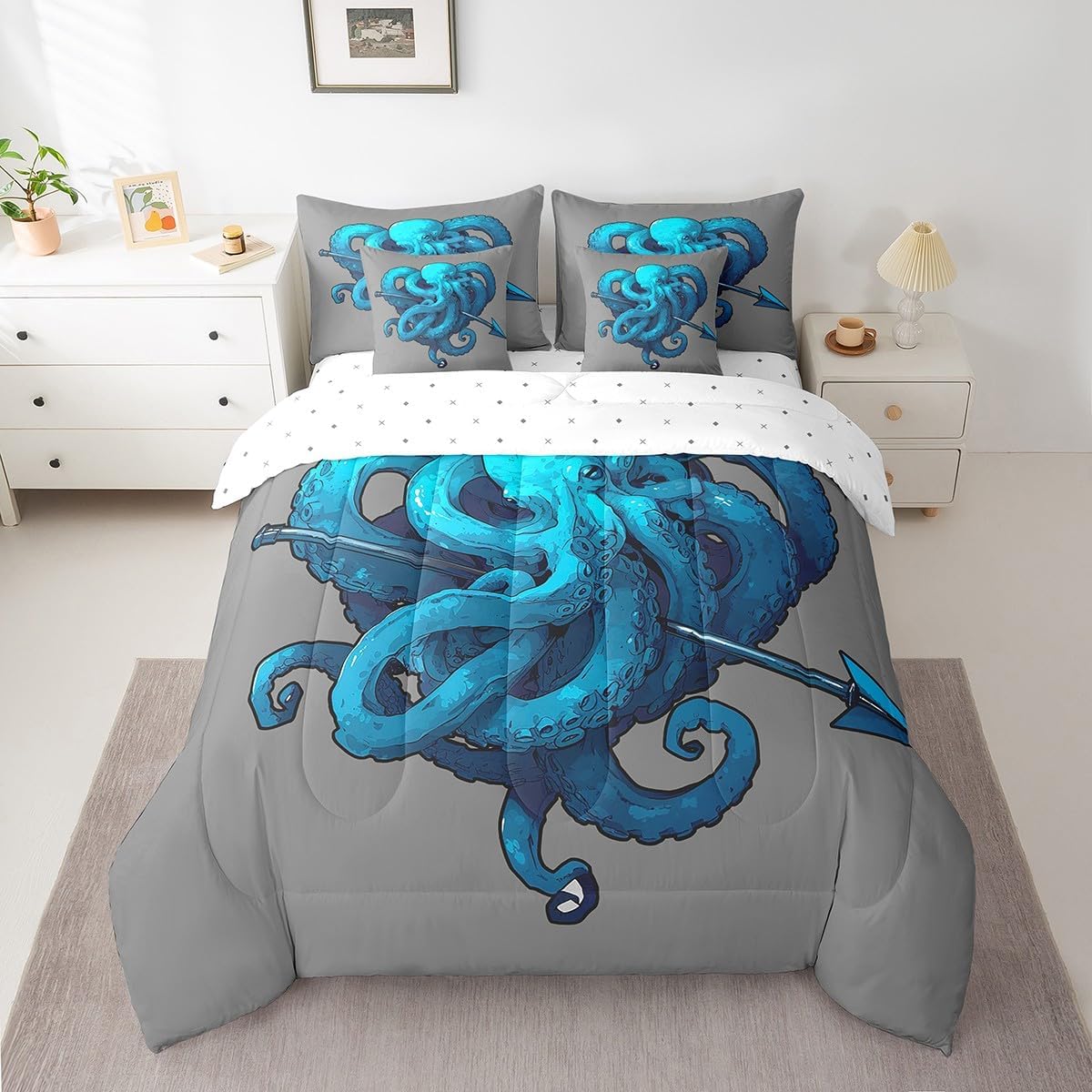 Feelyou Octopus Anchor Bedding Set Ocean Kraken Bed in a Bag Octopus Tentacles Comforter Set Full Size 7 Pieces Bed Set with Comforter, Sheet Set, Pillowcases, Pillow Covers Abstract Gray
