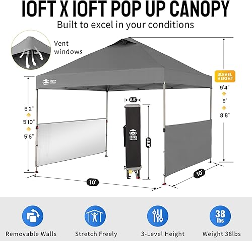 Miniatura 7 de CROWN SHADES Tienda de campaña desplegable de 10 x 10 pies con tela revestida de plata 150D, incluye 2 medias paredes laterales, 4 cuerdas, 8