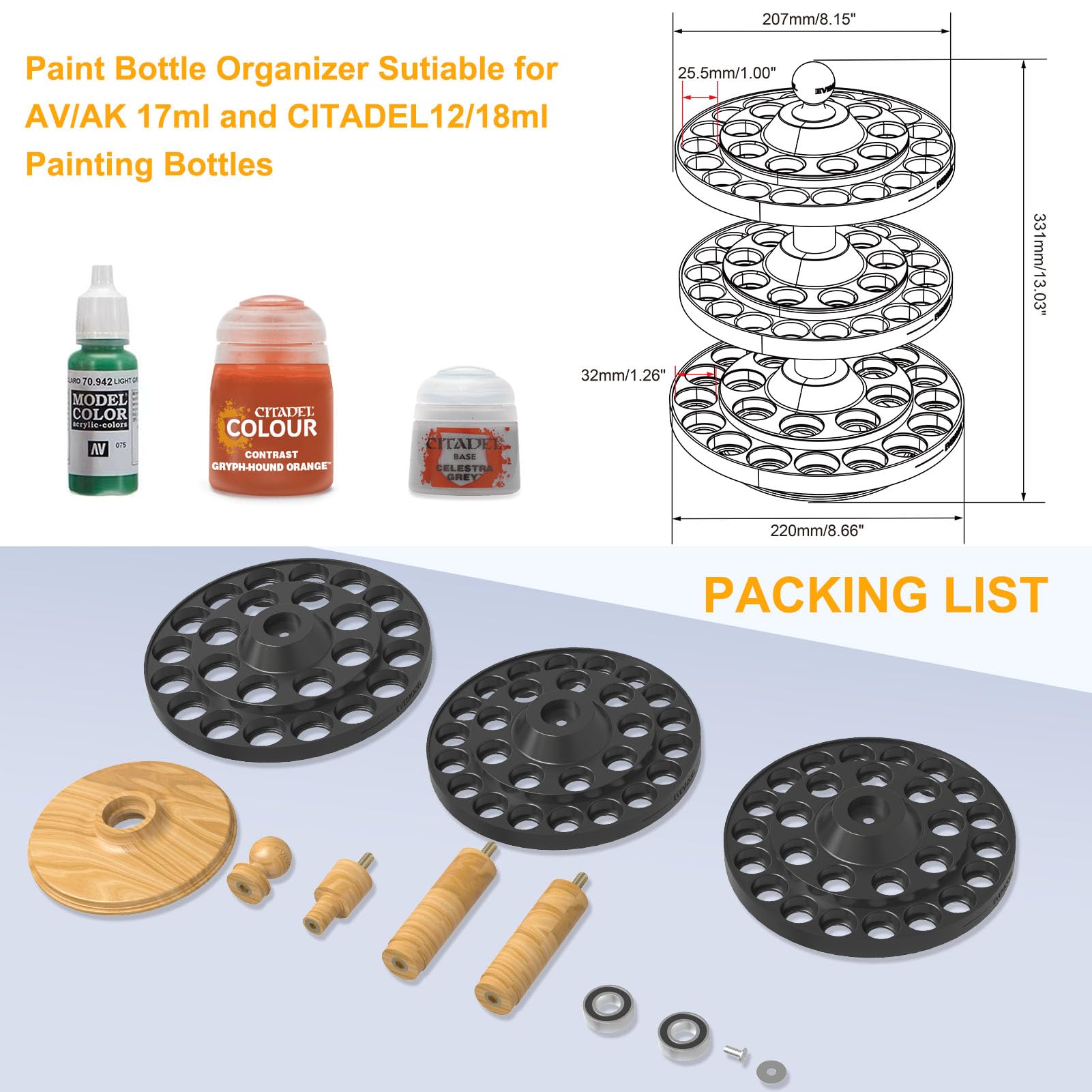 Evemodel Organiseur rotatif pour peinture - Support rotatif pour bouteilles de pigments - Support de bureau (2 couches petites et 1 couche de grands trous)