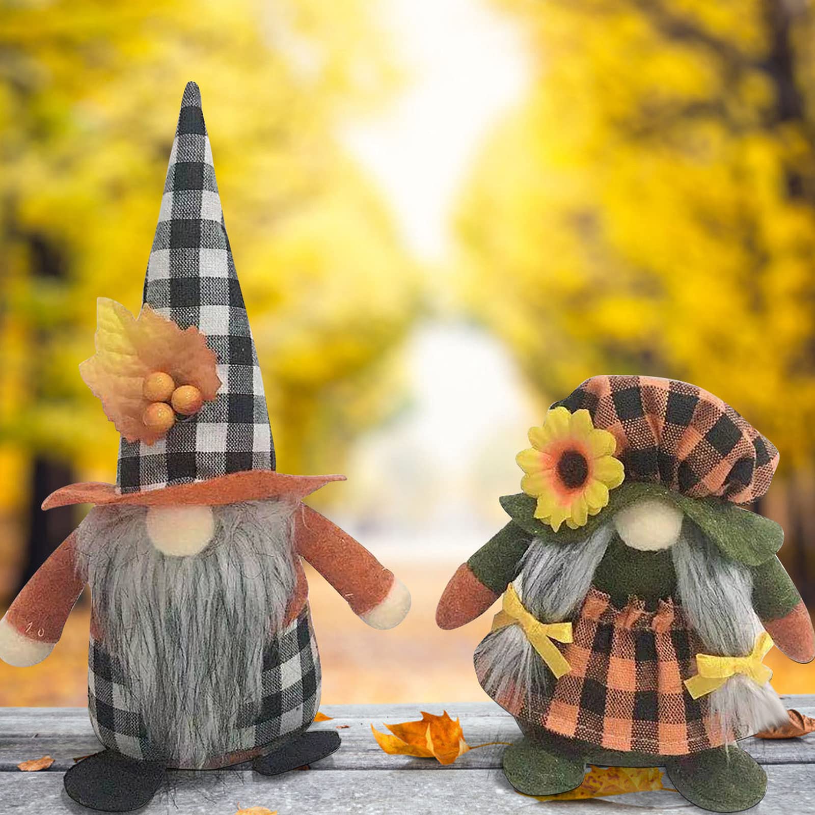 Fall Harvest Gnome 2Pcs Thanksgiving Decorative Plush Gnomes Sunflower Maple Leaf Buffalo Plaid Decorated Dolls Garden Decoration Home Kitchen Decor Shelf Tiered Tray Ornaments