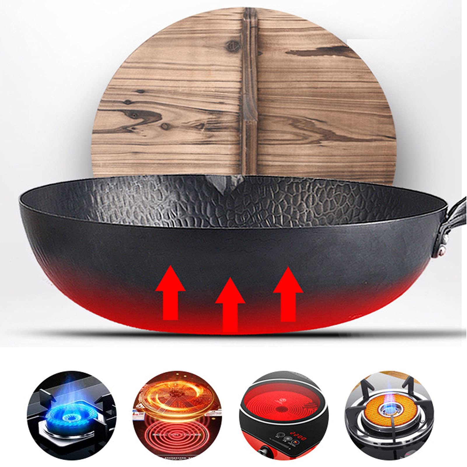 Wok tradizionale in acciaio al carbonio martellato a mano 12,6 pollici / 32 cm con manico in legno rimovibile e coperchio in legno