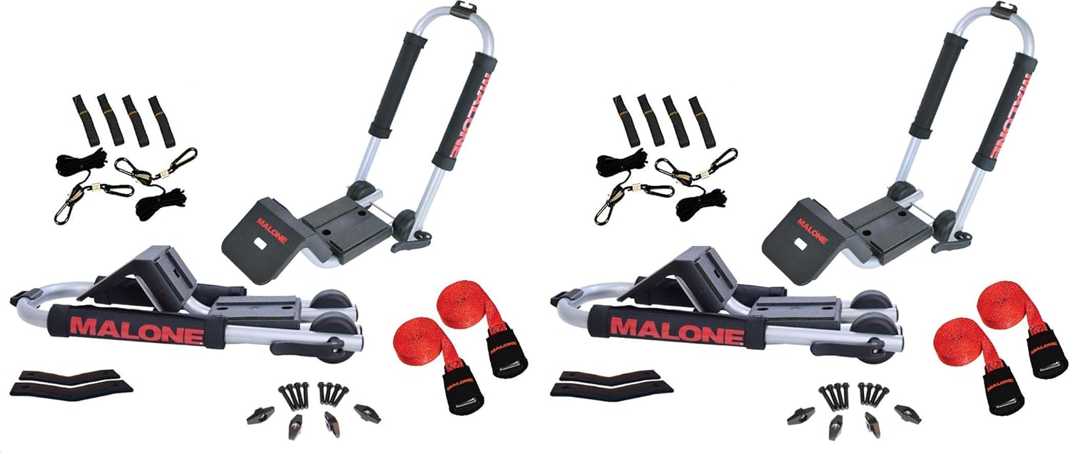Malone Downloader 2-Pack Folding J-Style Universal Kayak Carriers with Built-in Boarding Ramps, SpeedLine Tie-Downs, and JAWZ Mounting Hardware - Fits Round, Square & Oval Crossbars