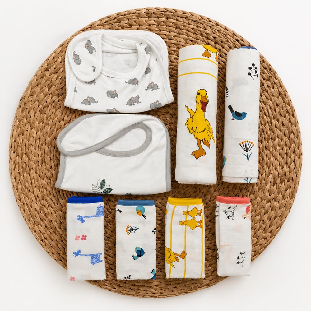 TinyLane - Curated for you! 100% Organic Gift for New Born Baby Boy & Girl, 0 to 6 Months, Pack of 8, Multi Color, Skin Friendly, Winter Special, Baby Shower Gifts (Duck + Bird, Pack of 8)-image-17