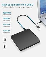Vista 3 de ROOFULL Unidad externa de CD/DVD USB 3.0 y USB-C, ultrafina de 0.5 pulgadas, reproductor de CD y DVD de alta velocidad, grabador para computadora