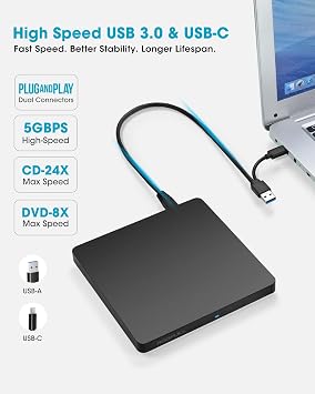 ROOFULL External CD/DVD Drive USB 3.0 & USB-C, Ultra-Slim 0.5 High-Speed CD DVD Player Burner Reader Writer for Laptop, Windows 11/10, Mac MacBook, Linux OS