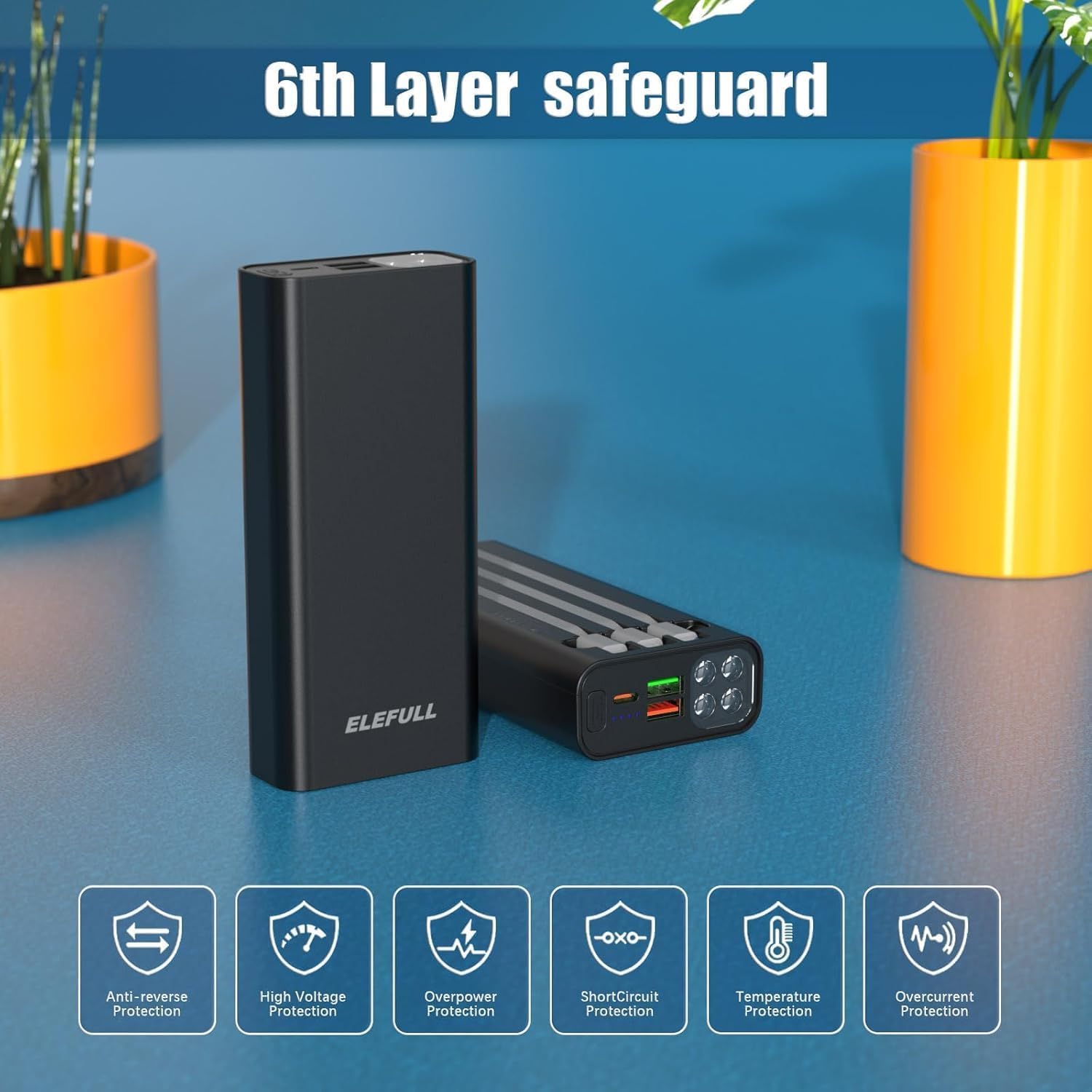 50000mAh Portable Charger, Built-in Cable 22.5W QC 3.0 PD USB C Power Bank, Fast Charging with, LED Flashlight, External Mobile Phone Batteries Compatible with iPhone (Black2, 50000, Milliamp Hours) - Image 3