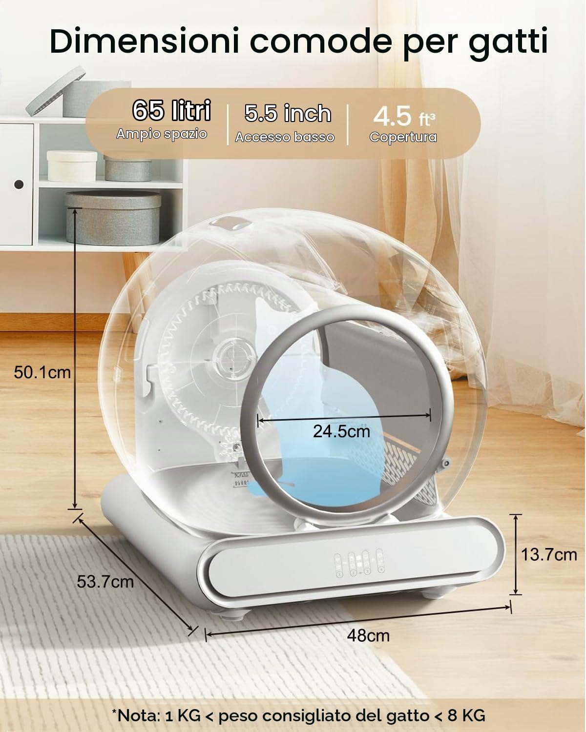 Lettiera Gatto Autopulente Grande 65L, Controllo APP Wi-Fi, Lettiera Automatica Intelligente per Gatti Multipli, Sicurezza Anti-Incastro, Silenziosa, Controllo Professionale Odori per Chat