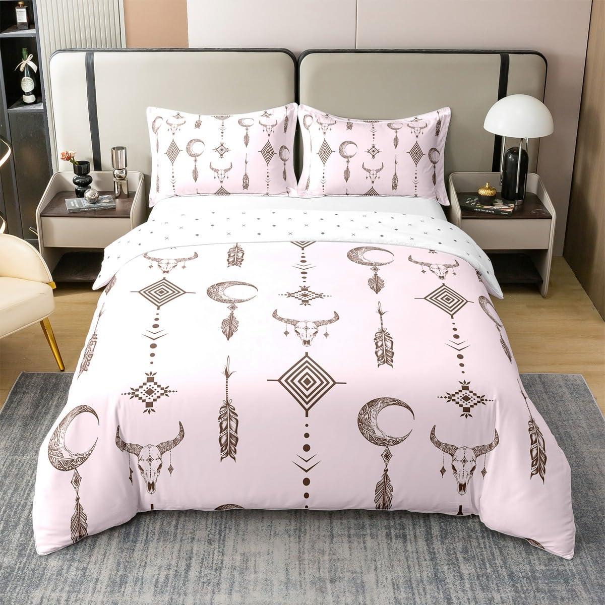 Parure de lit motif rétro Aztek rose en coton pour des nuits douces