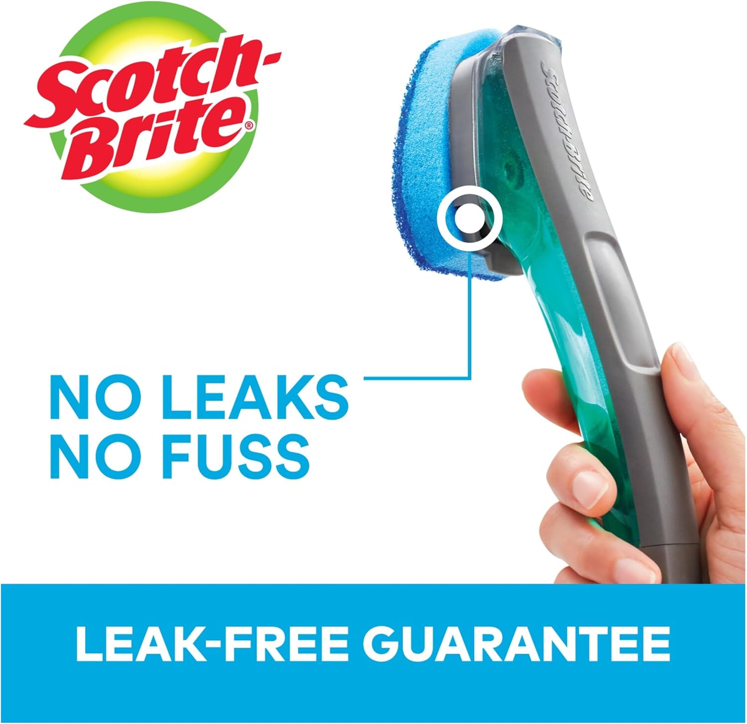 Scotch-Brite Advanced Soap Control Non-Scratch Dishwand Kit, 1 Dish Wand & 5 Sponge Refills, Prevents Soap from Leaking, Leak-Free Guarantee, Best for Nonstick Pots and Pans, Glass, Tubs, & Showers