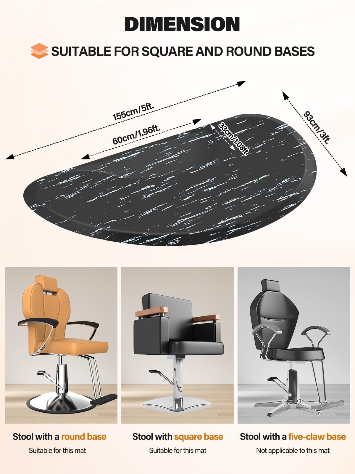TOROKOM Salonmatte, 3 Fuß x 5 Fuß Anti Ermüdungs Salon Bodenmatte für Runde Stuhlbasis Friseur Schönheits Fußmatten Dicke Halbkreis Büro Komfort Bodenmatte für Salon und Friseurbedarf (Black Marble)
