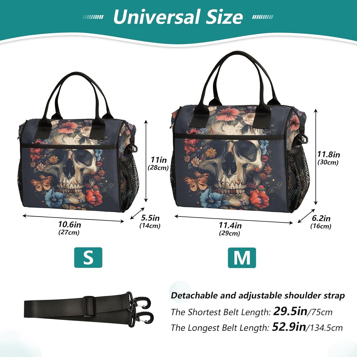 ALAZA Vintage Skull Flowers and Butterfly Insulated Lunch Bag for Women Men,Reusable Cooler Tote Shoulder Bag for Picnic Camping Work Office Beach College