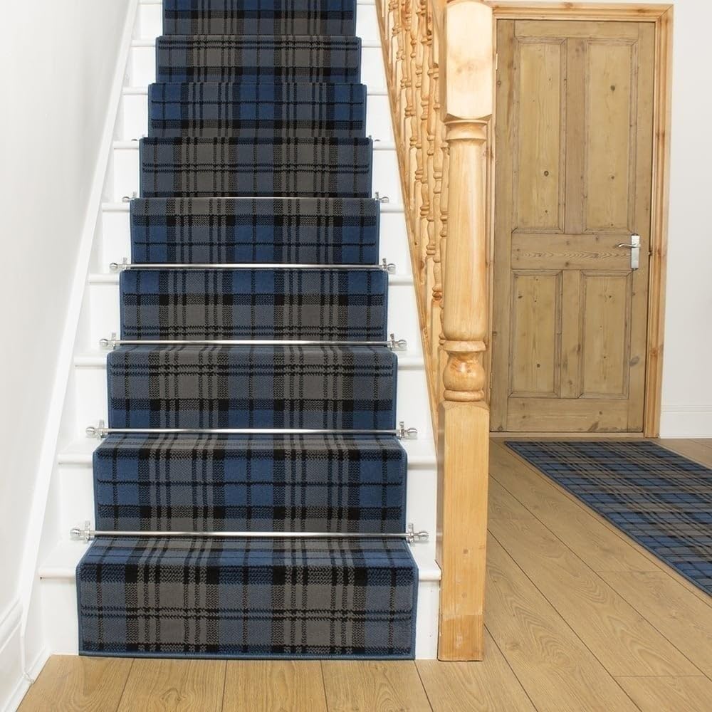 runrug Soft & Comfortable Stair Runner - Smooth & Durable Carpet for Stairs - Multiple Sizes - Stain-Resistant, Anti-Static, Fade-Resistant - 100cm x 480cm - 9mm Thick - Tartan, Blue