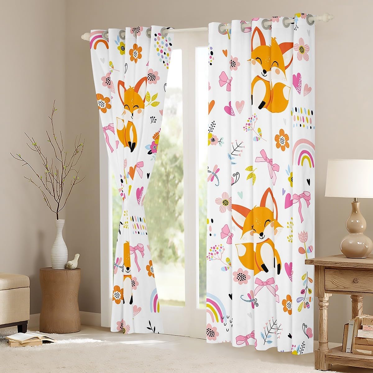 Cute Fox Kids Blackout Curtains,Rainbow Love Heart Pink Bow Bowknot Princess Window Drapes for Girls Women,Daisy Flowers Leaves Dragonfly Chic Window Treatments Grommet Top 2 Panel Set,42Wx84L inch