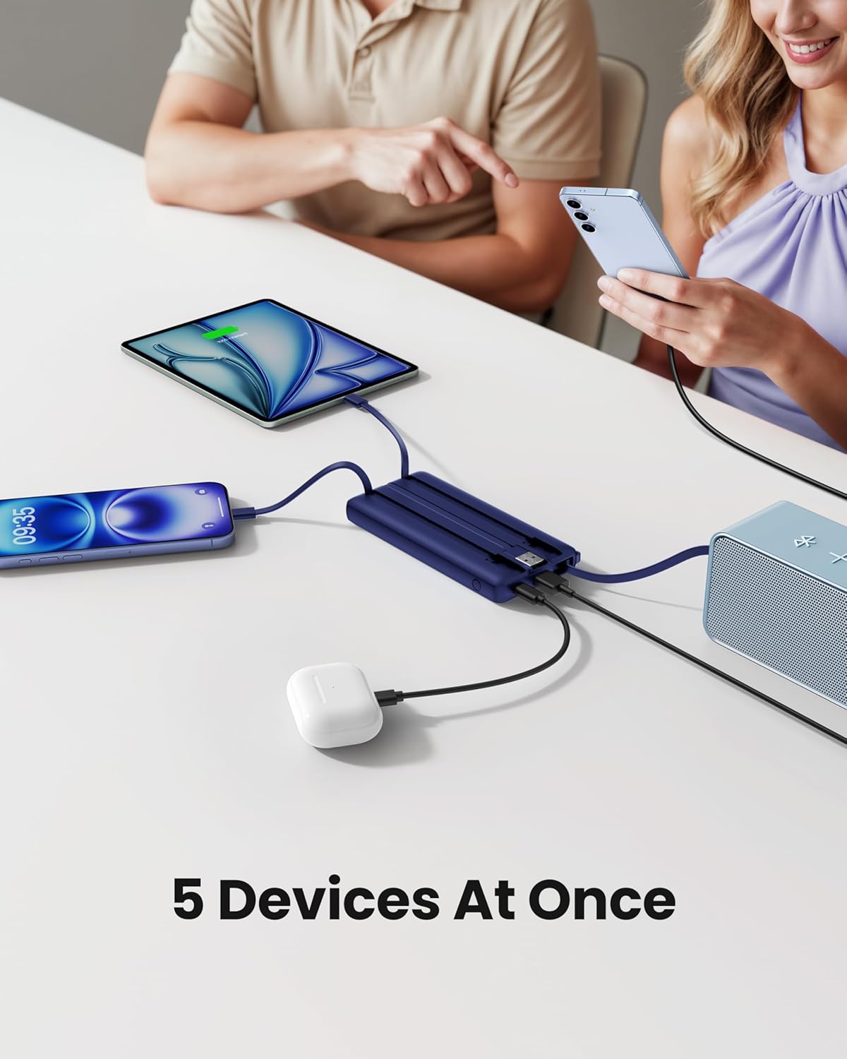 Portable Power Bank, Compact 10000mAh Portable Charger with 4 Cables, USB C Battery Pack 5 Outputs 2 Inputs LED Display Compatible with iPhone/Android & More (Navy Blue)