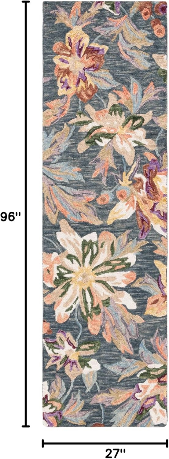 SAFAVIEH Blossom Collection Runner Rug - 2'3" x 8', Grey & Violet, Floral Design, Handmade Wool, Ideal for the Living Room, Bedroom, Dining Room (BLM467F-28)