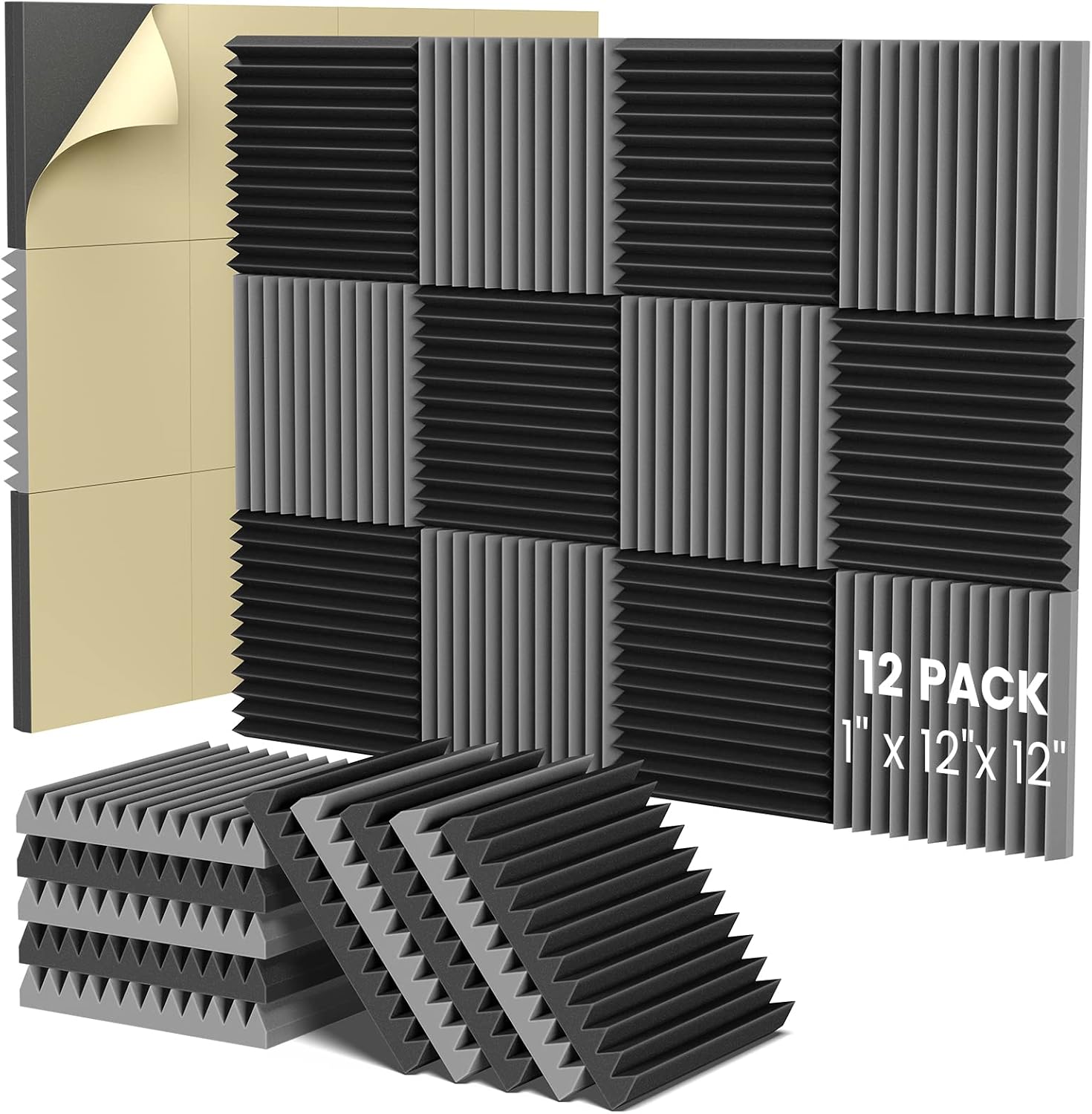 HEMRLY Acoustic Foam Panels,1" X 12" X 12"Self-Adhesive Sound Proof Foam Panels,Acoustic Panels Absorb Noise Quickly,High Density Soundproof Wall Panels for Gaming Room,Home Studio(12 Pack Black+Gray)