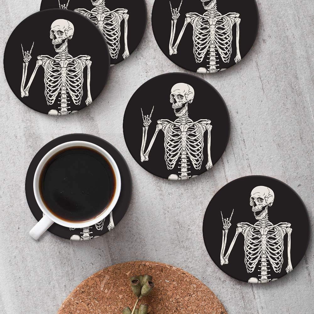 Britimes Skeleton Coasters for Drinks, Set of 6, Ceramic Stone, Black