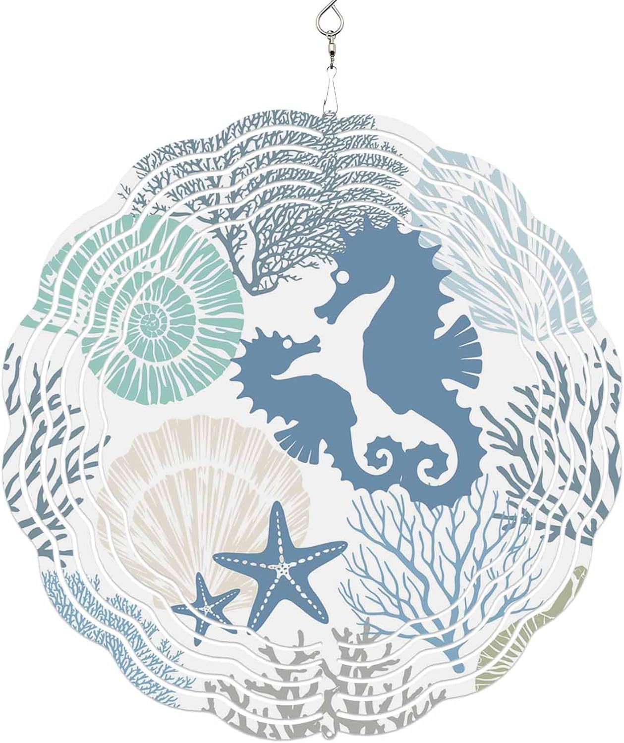 Coastal Blue Seahorse Starfish Wind Spinner for Garden Yard 3D Stainless Steel Hanging Wind Spinners, Ocean Starfish Coral Shell Conch Spinners Outdoor Metal Decor for Lawn Patio Home