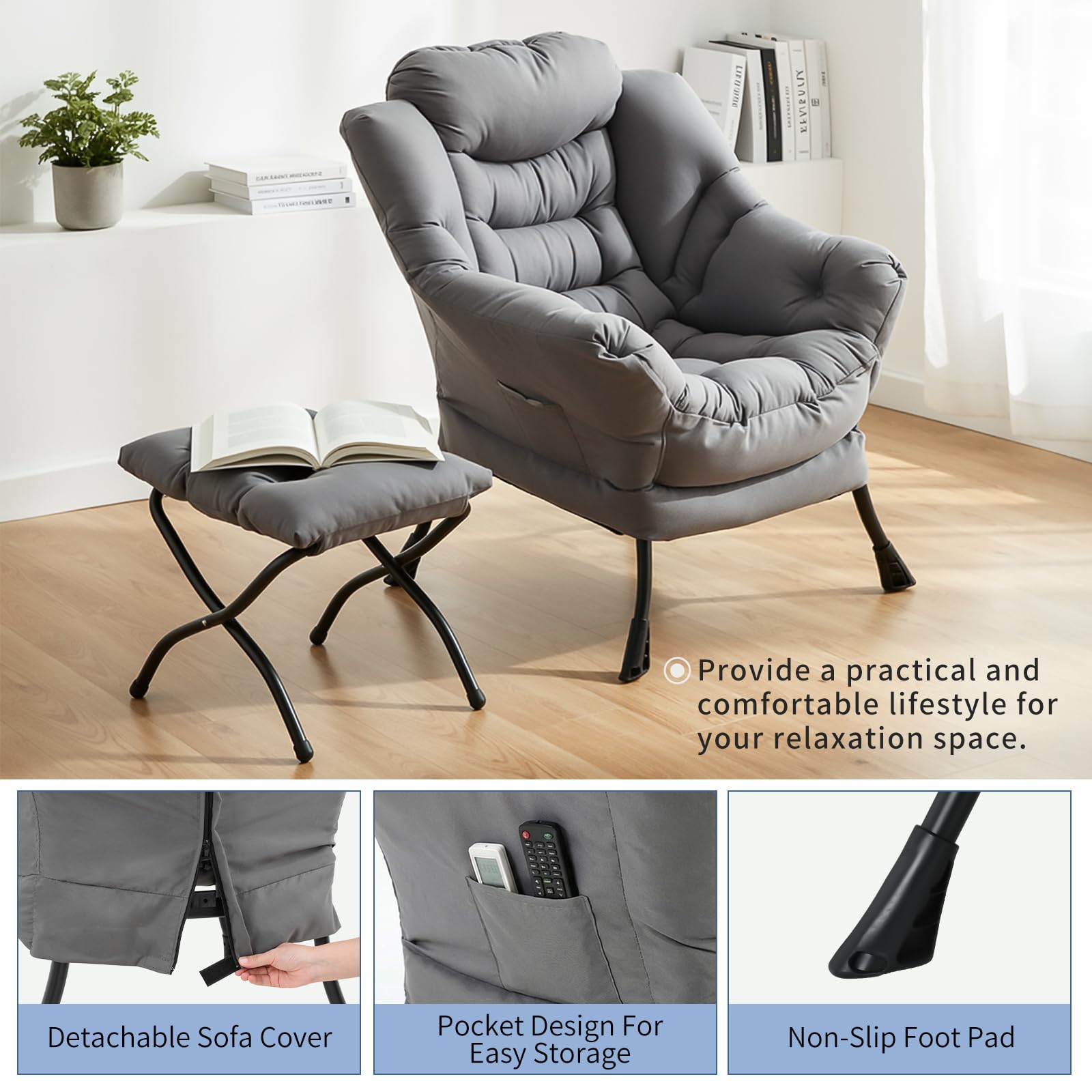 Clevich Sillón de Orejas con Taburete, Silla Lazy Chair con Bolsillo Lateral y reposapiés, sillón de Lectura para salón, Dormitorio y Oficina, Gris Oscuro