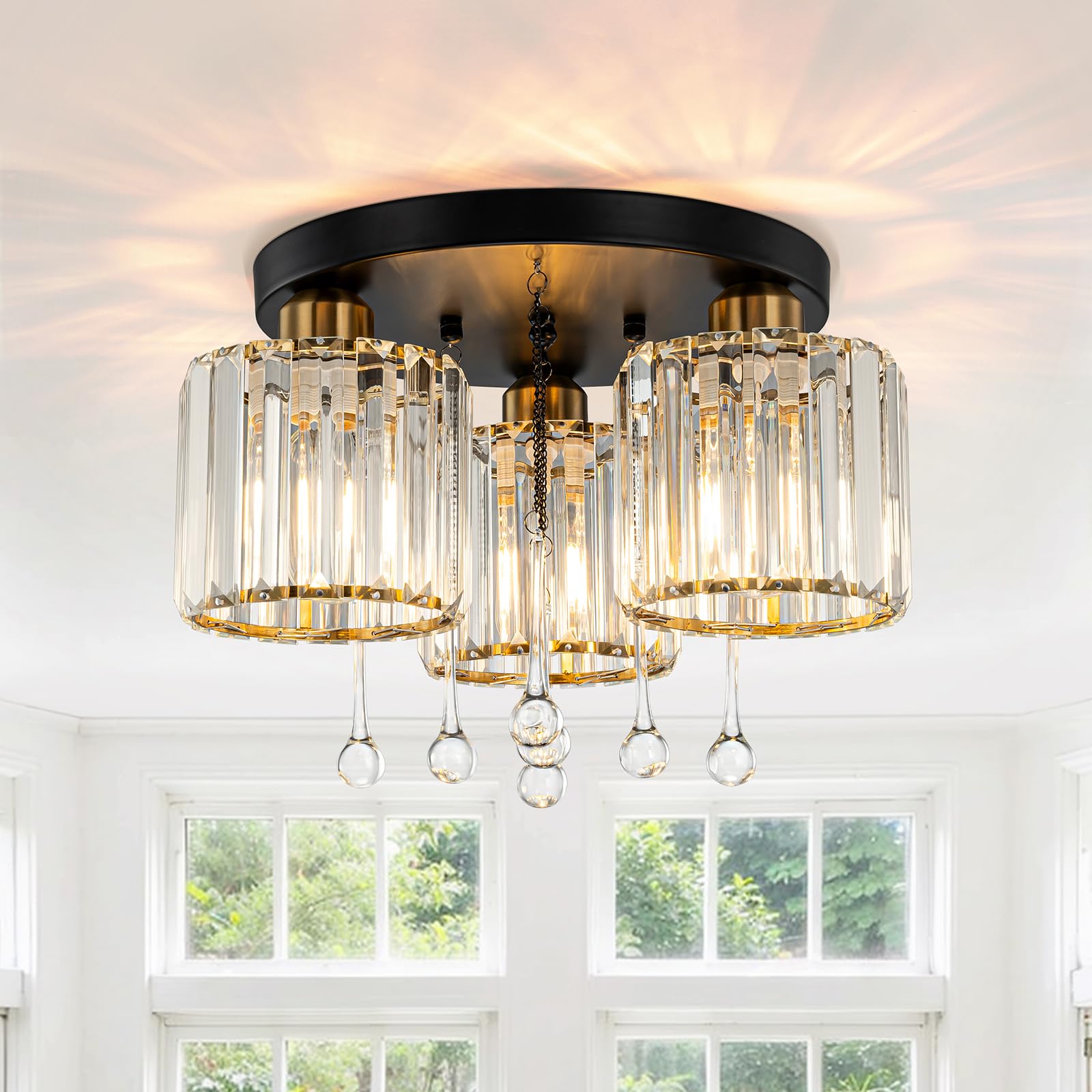 LOZOHOM 13 Inch Hallway Crystal Ceiling Light, 3-Light Black and Gold Bedroom Entryway Light Fixture, Semi Flush Mount Ceiling Light, Flush Mount Chandelier for Dining Room Living Room
