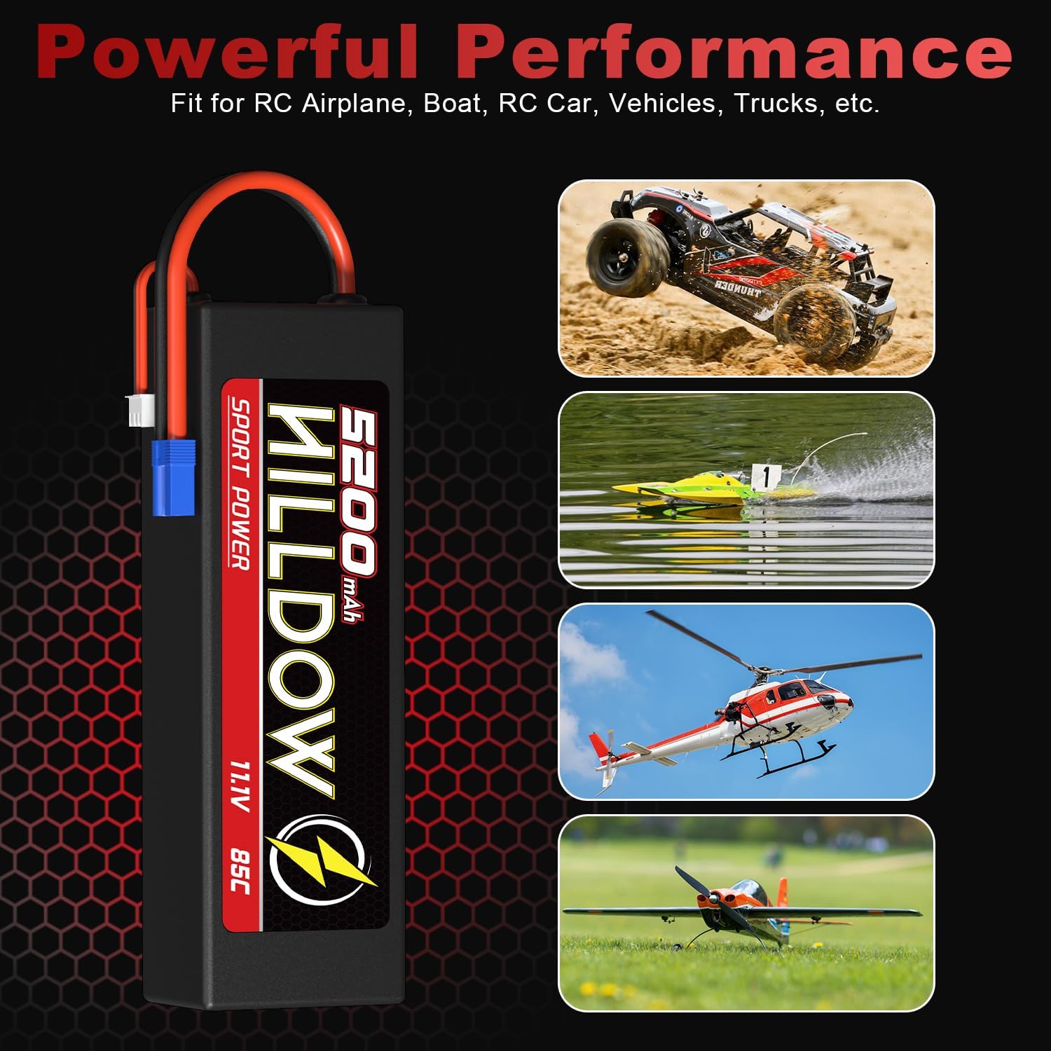 Hilldow 5200mAh Battery 3S Lipo Battery 11.1V 85C with EC5 Connector for RC Truck Helicopter Airplane Car Boat (2pack)