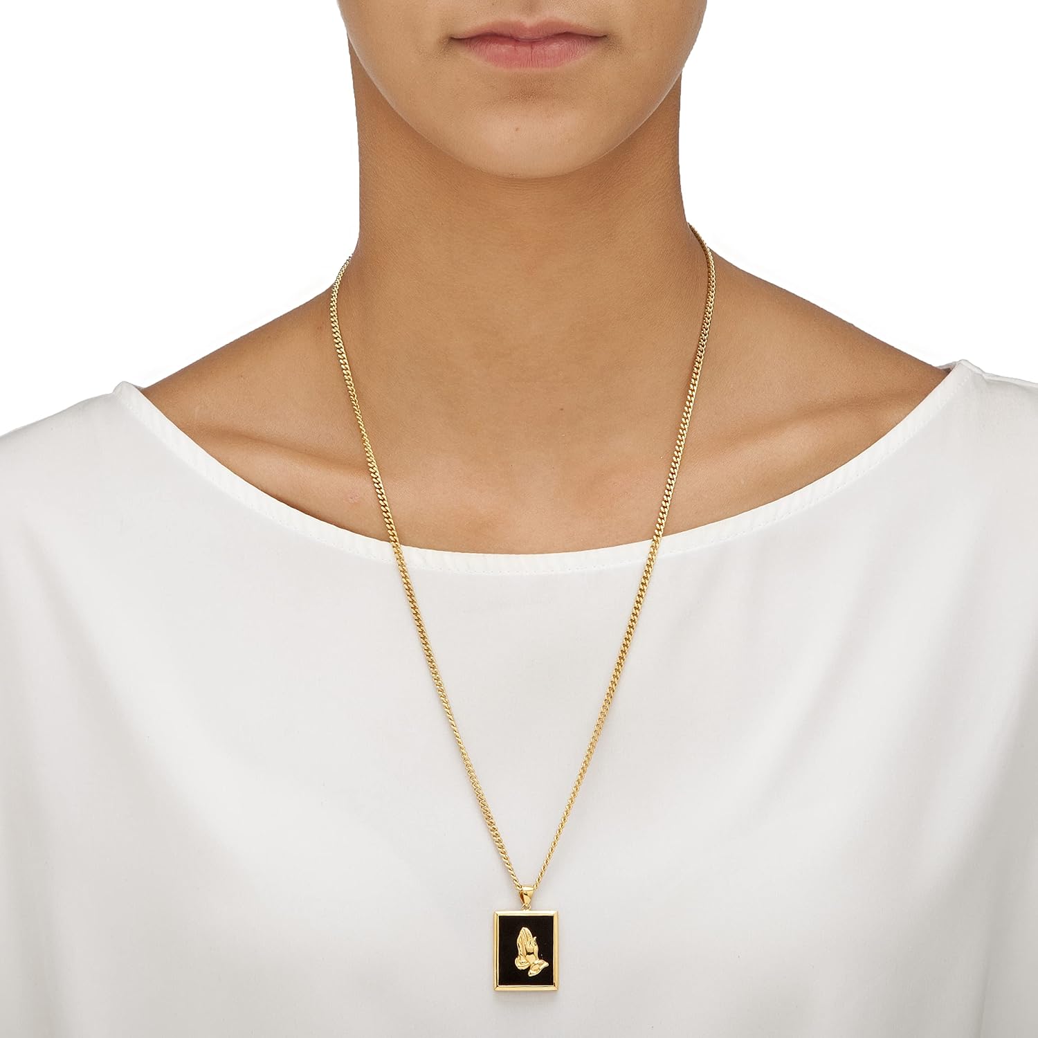Palm Beach Jewelry PalmBeach Yellow Gold-plated Emerald Cut Natural Black Onyx Praying Hands Pendant (20mm) with 22 inch Chain