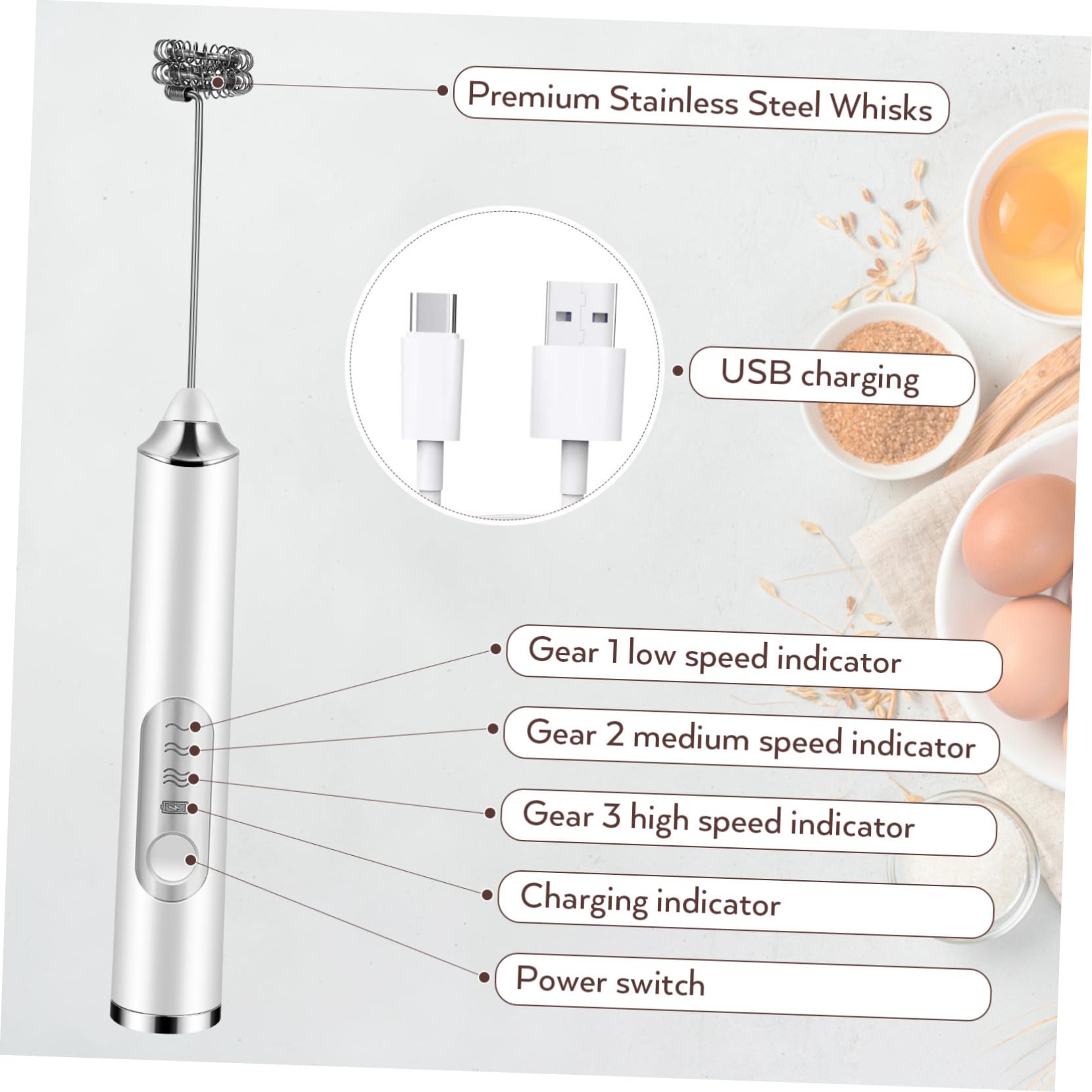 Montalatte Elettrico in Acciaio Inox a 3 Velocità Bianco | Batteria 1200 Mah, 2 Teste Incluse, Cavo Usb, per Montare e Mescolare in Casa