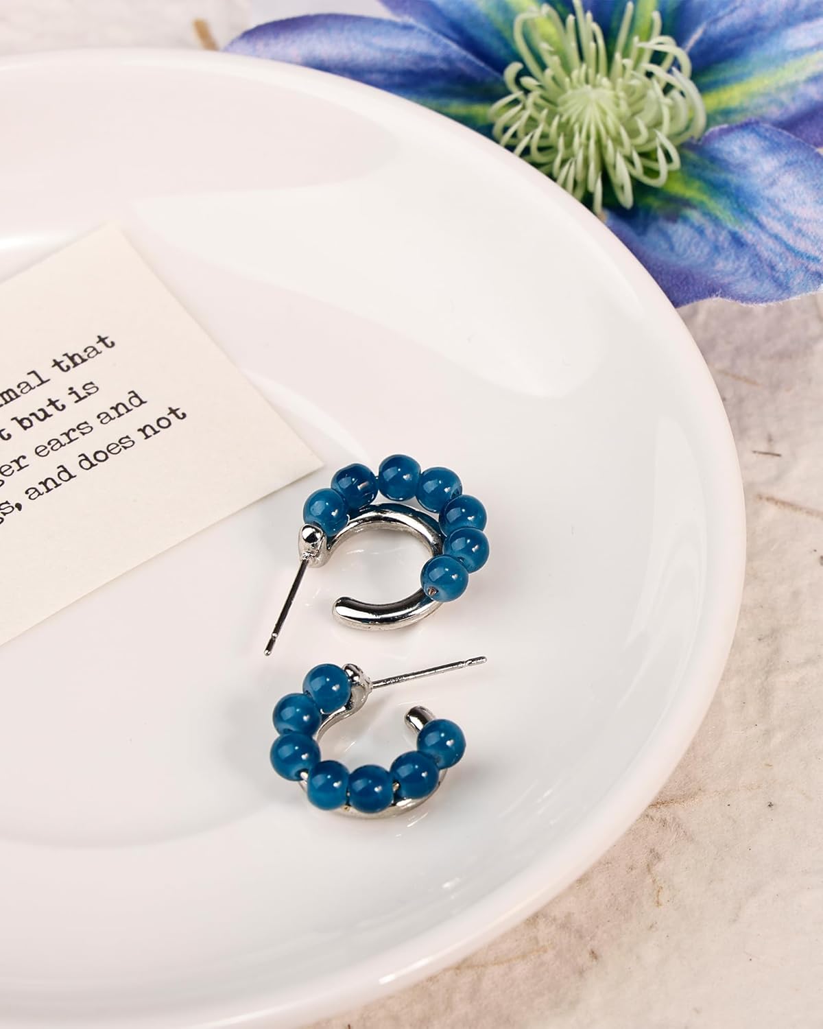 Blue Beaded Double Hoop Earrings, Huggie Hoop Earrings for Women, Boho Silver Earrings with Blue Beads Jewelry Gift - Image 5
