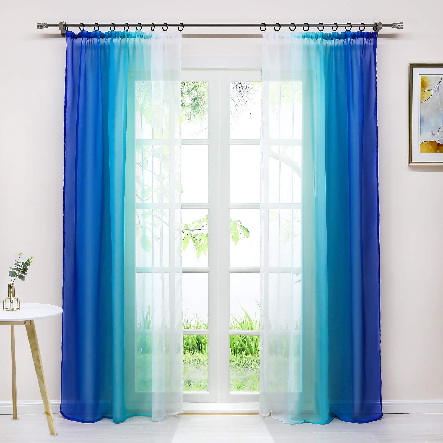 Joyswahl Gardine Voile Vorhang mit Farbverlauf Design »Agnes« Dekoschal Fenster Schal BxH 140x245cm Blau mit Kräuselband 2er Pack