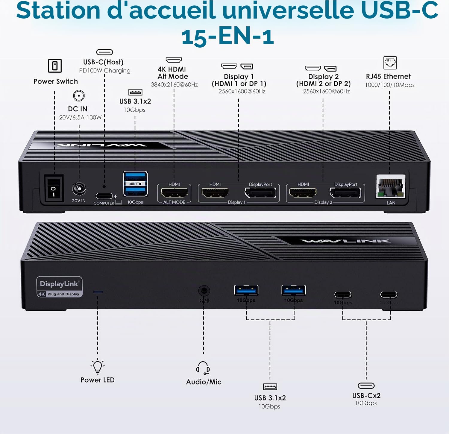 WAVLINK Station d'accueil triple Displaylink avec 100 W PD, station d'accueil 15 en 1 USB-C pour ordinateur portable, compatible avec MacBook Neo, Dell, Asus, 1 port HDMI 4K, 2 HDMI et DP, 2 USB-C, 4