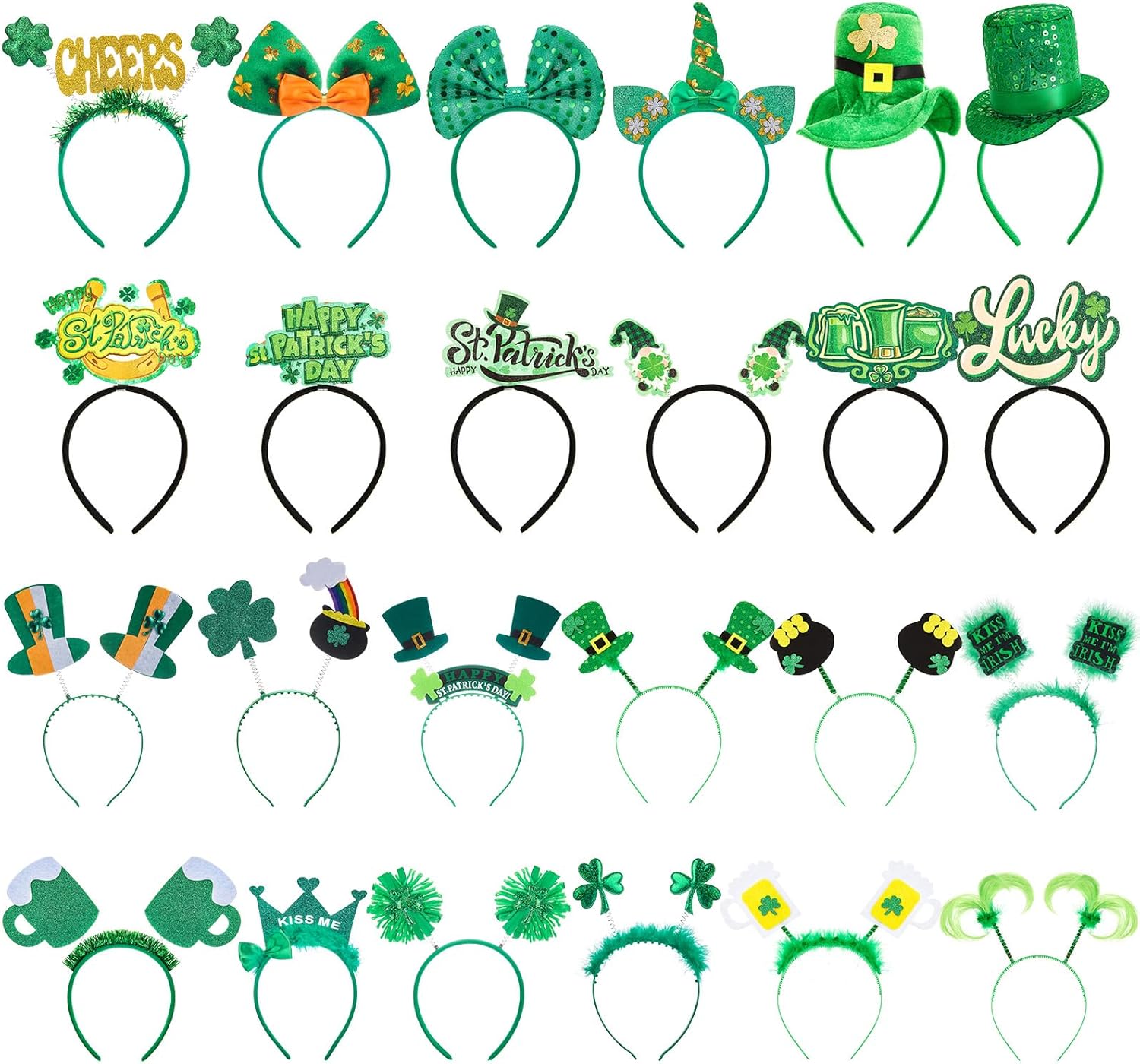 Hotop 24 Pcs St. Patrick's Day Headbands Green Shamrock Head Hats Headband Boppers Bulk for Women Girls Boys Saint Patricks Day Irish Headwear Costume Accessories Parade party Favors Supplies