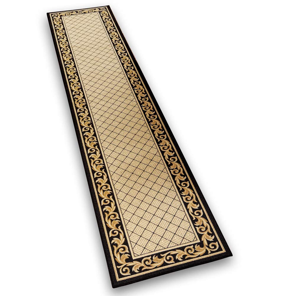Floral Scroll Basket Weave Rug with Skid-Resistant Backing, Midnight, 26" X 120"