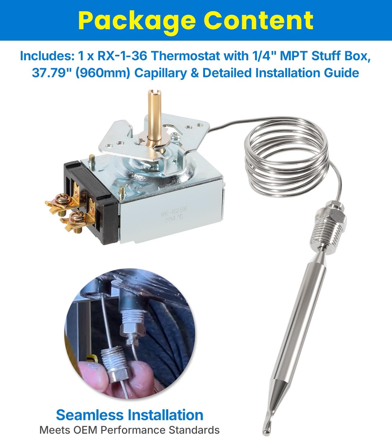 RX-1-36 Fryer Thermostat 60125401 with 1/4" MPT Stuff Box, 200-400°F Millivolt Thermostat Compatible with Pitco 35C+ 45C+, Dean 1175, Imperial, Royal Range 3113, Frymaster, Blodgett Deep Fryers