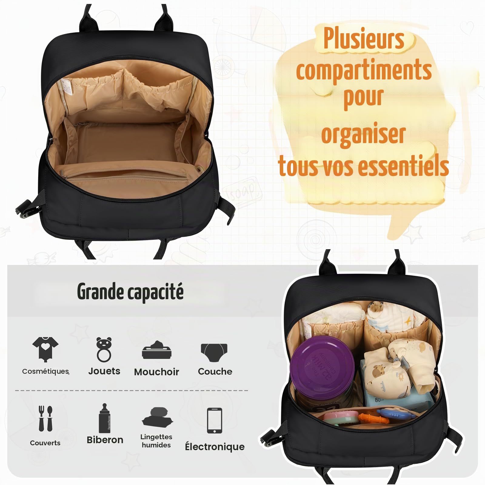 RAINSMORE Sac a Langer Bebe Grand Sac a Langer avec Matelas à Langer et Détachable Sacs Bandoulière Multifonction Imperméable Sacs a Dos a Langer Bebe pour Maman ou Papa Noir