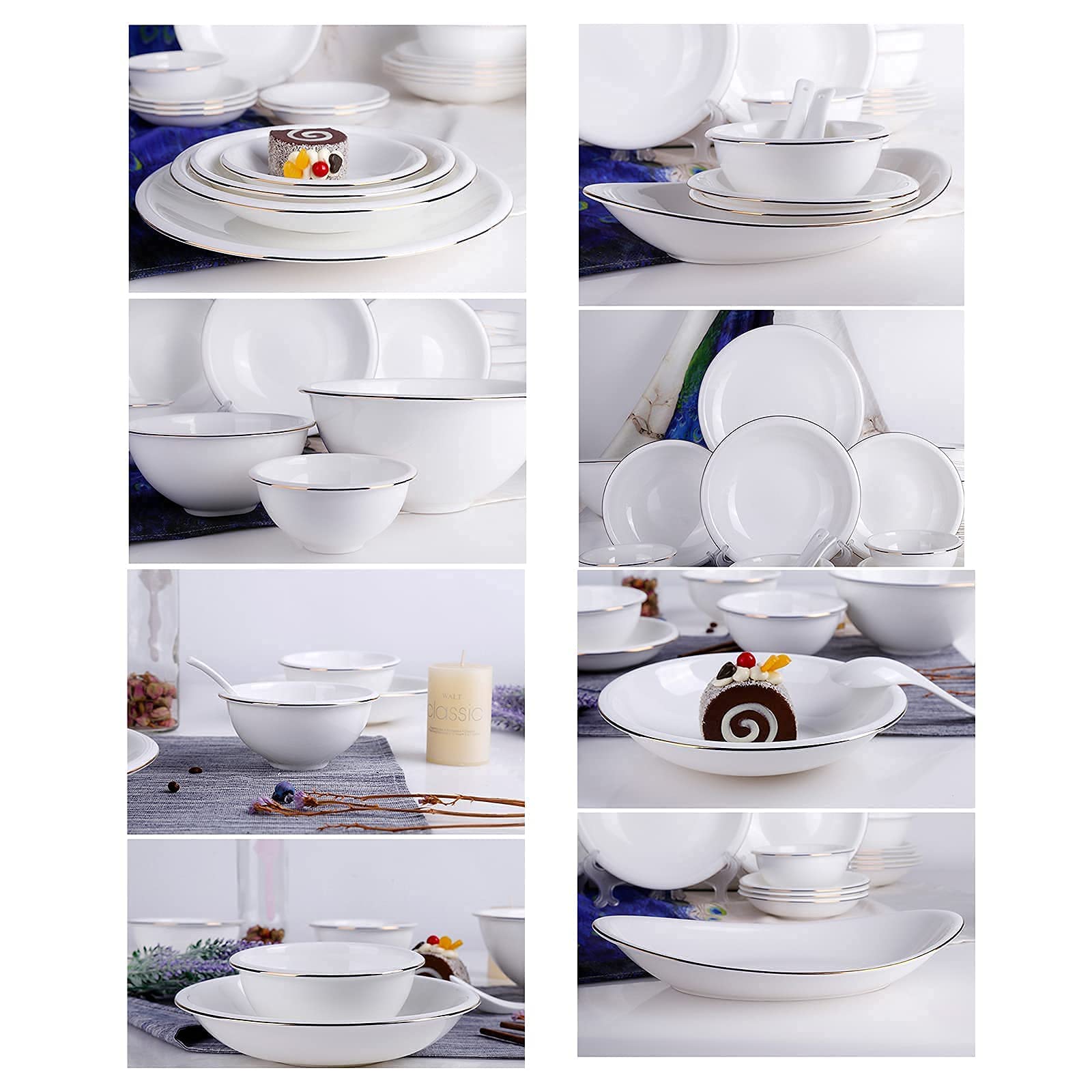28-częściowy zestaw zastawy stołowej z porcelany kostnej – elegancka porcelanowa zastawa stołowa ze złotą krawędzią zawiera okrągłe miski na płatki i talerze obiadowe dla 8 osób, idealna do domu i
