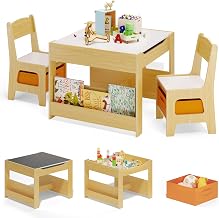 Xbro Children's Table Set with 2 Chairs 4 in 1, Activity Table with Removable Whiteboard, Integrated Bookcase and Fabric Boxes, Table and Chairs Set for Children 3+ Years, Table 61.5 x 61.5 x 48 cm, Natural