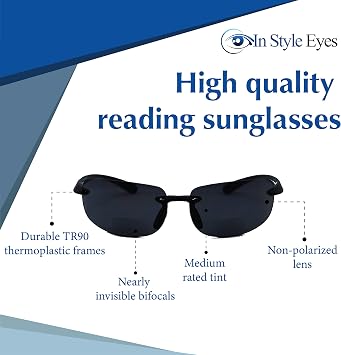 In Style Eyes Original Lovin Wrap Around Bifocal Reading Sunglasses - Rimless, UV Protection - Non-Polarized Lens - Black - 1.5x
