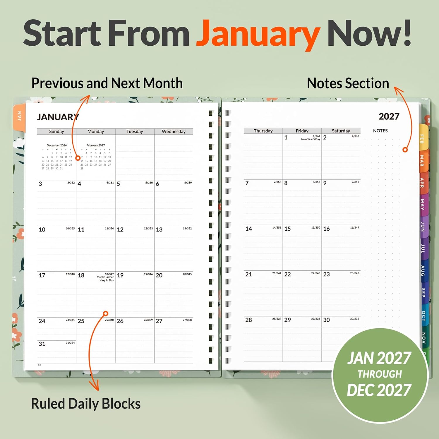 SUNEE 2027 Appointment Book, Quarter-Hourly, Weekly Monthly Planner, 6" x 8.3",Green Wildflower image 2