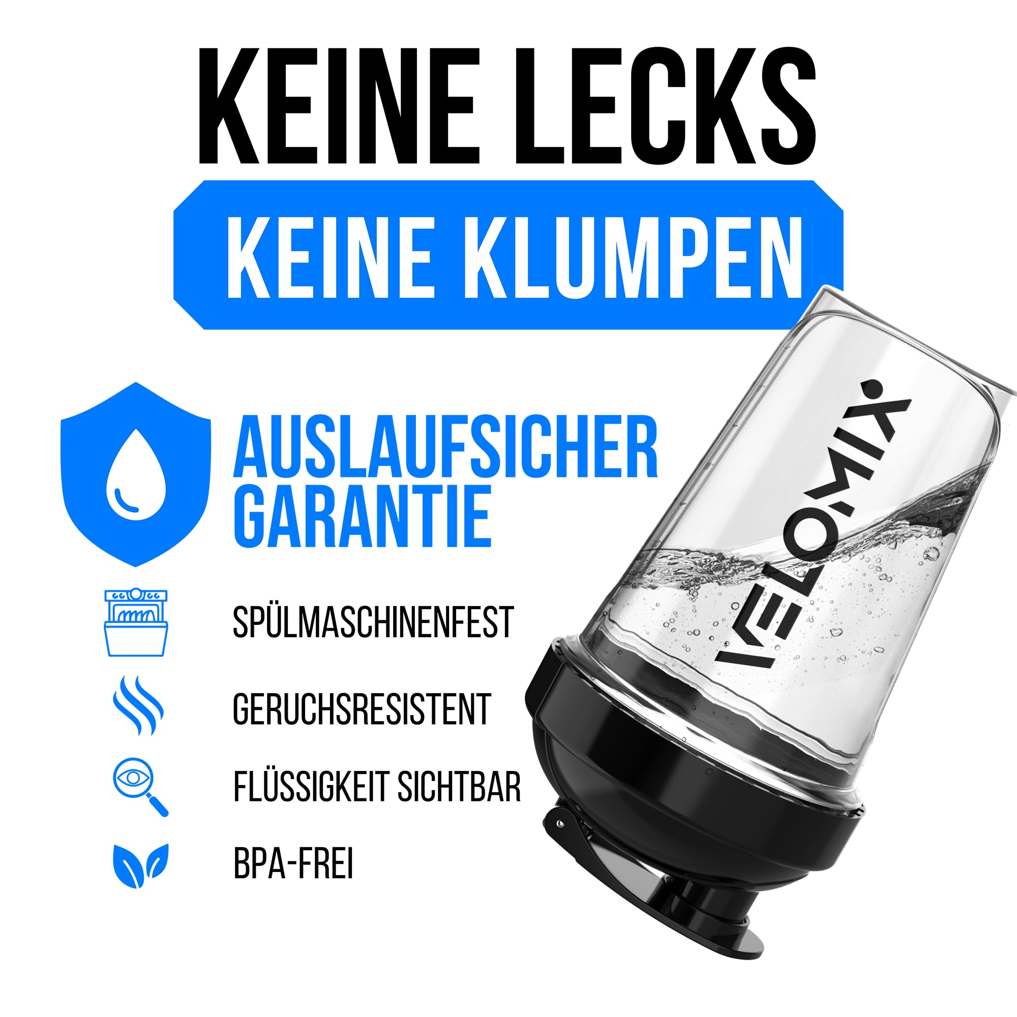 VELOMIX -2 PACK- 600ml Eiweiß Shaker - Auslaufsicher Shaker Proteinshake Mit 2x Kugel | Drehverschluss & Mess-Skala Shake Becher | Spülmaschinengeeignet & Stackable Protein Shaker (Black/Transparent)