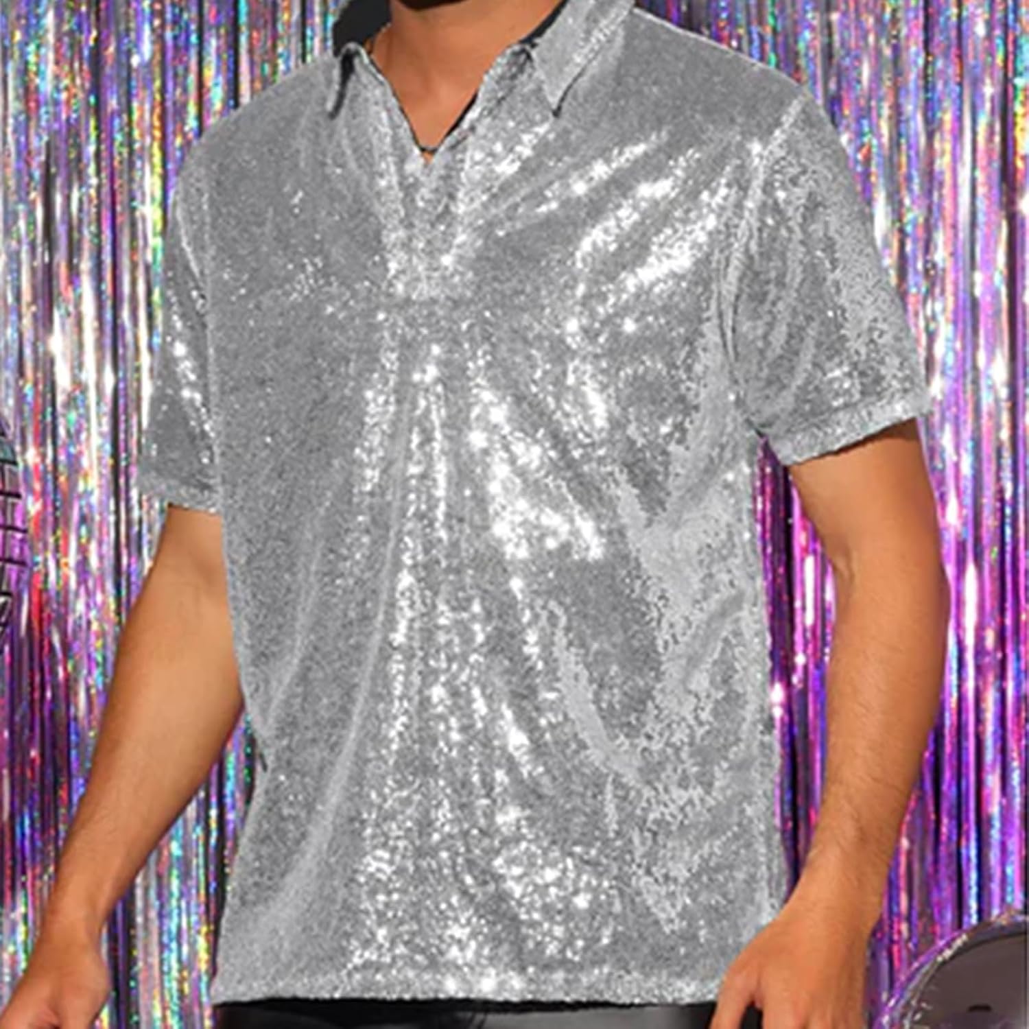 Men Sparkle Sequins Shirt Vintage 1/4 Sparkle Button Short Sleeve Disco Tops 70s Party Novelty Shiny Shirt Rave Tops
